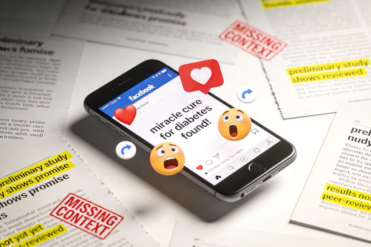 Smartphone showing Facebook post with sensationalist health claim surrounded by scientific papers with MISSING CONTEXT stamps