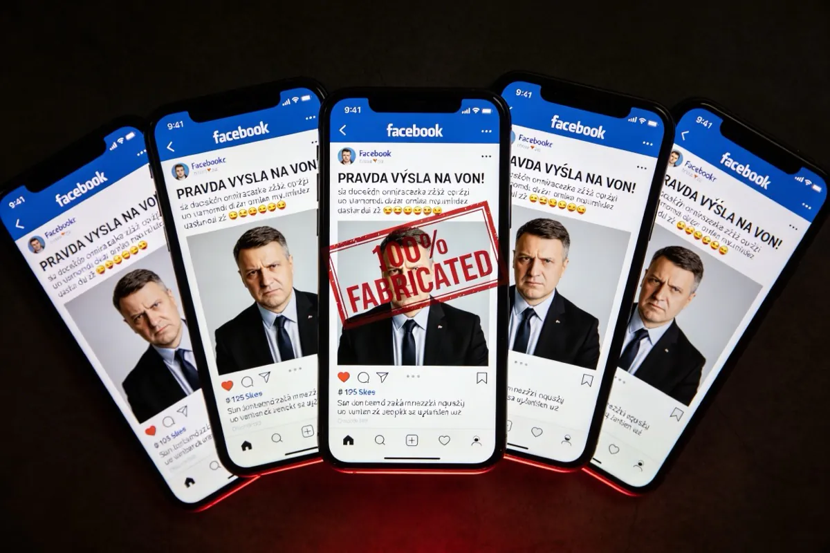 Multiple smartphone screens displaying identical Facebook posts — coordinated disinformation campaign visualization