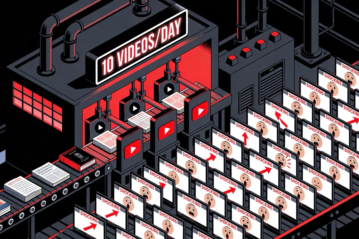 Isometric factory illustration — scientific papers enter on conveyor belt, identical sensationalist video thumbnails come out