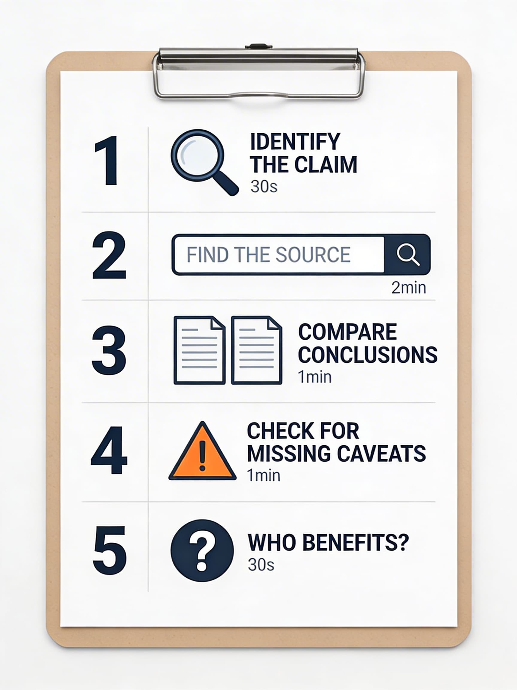 Five-step fact-checking framework infographic — Identify the Claim, Find the Source, Compare Conclusions, Check for Missing Caveats, Who Benefits?