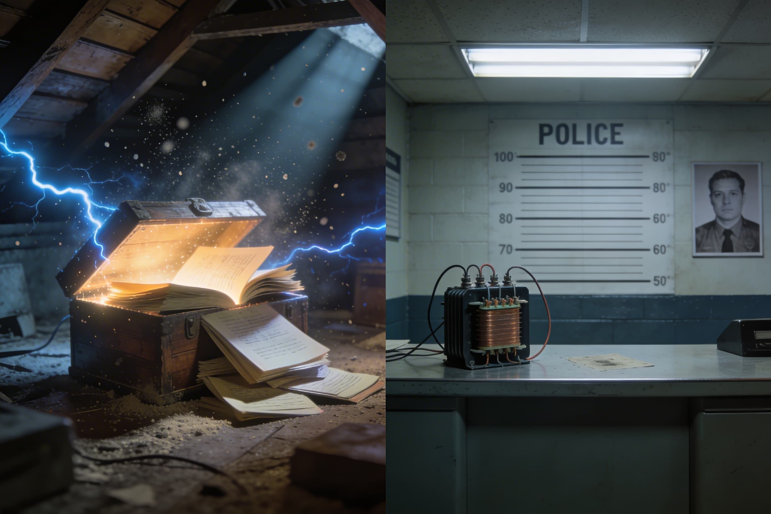 Time machine myth vs reality — dramatic sci-fi attic scene vs mundane police station