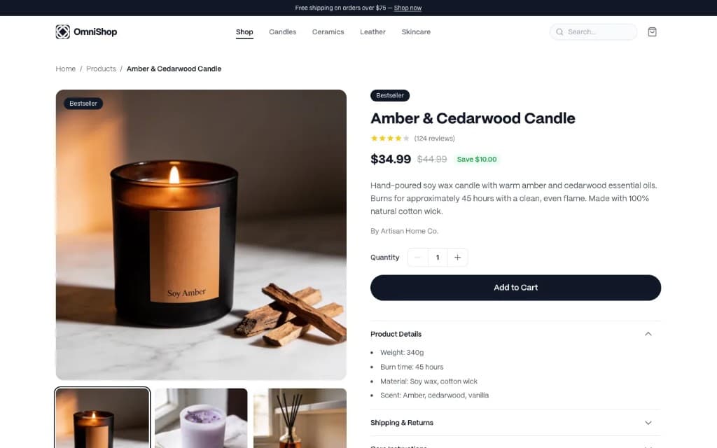 OmniShop product detail – gallery, pricing, reviews, accordions