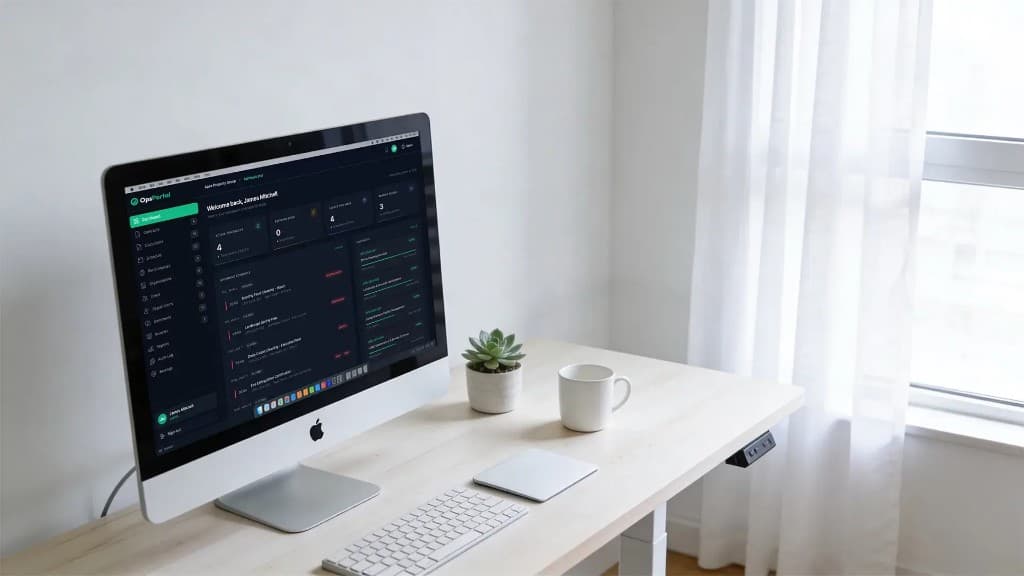 OpsPortal admin dashboard on an iMac in a bright workspace – desk mockup