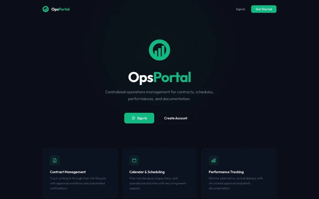 OpsPortal public landing – hero, feature cards, Sign In and Create Account