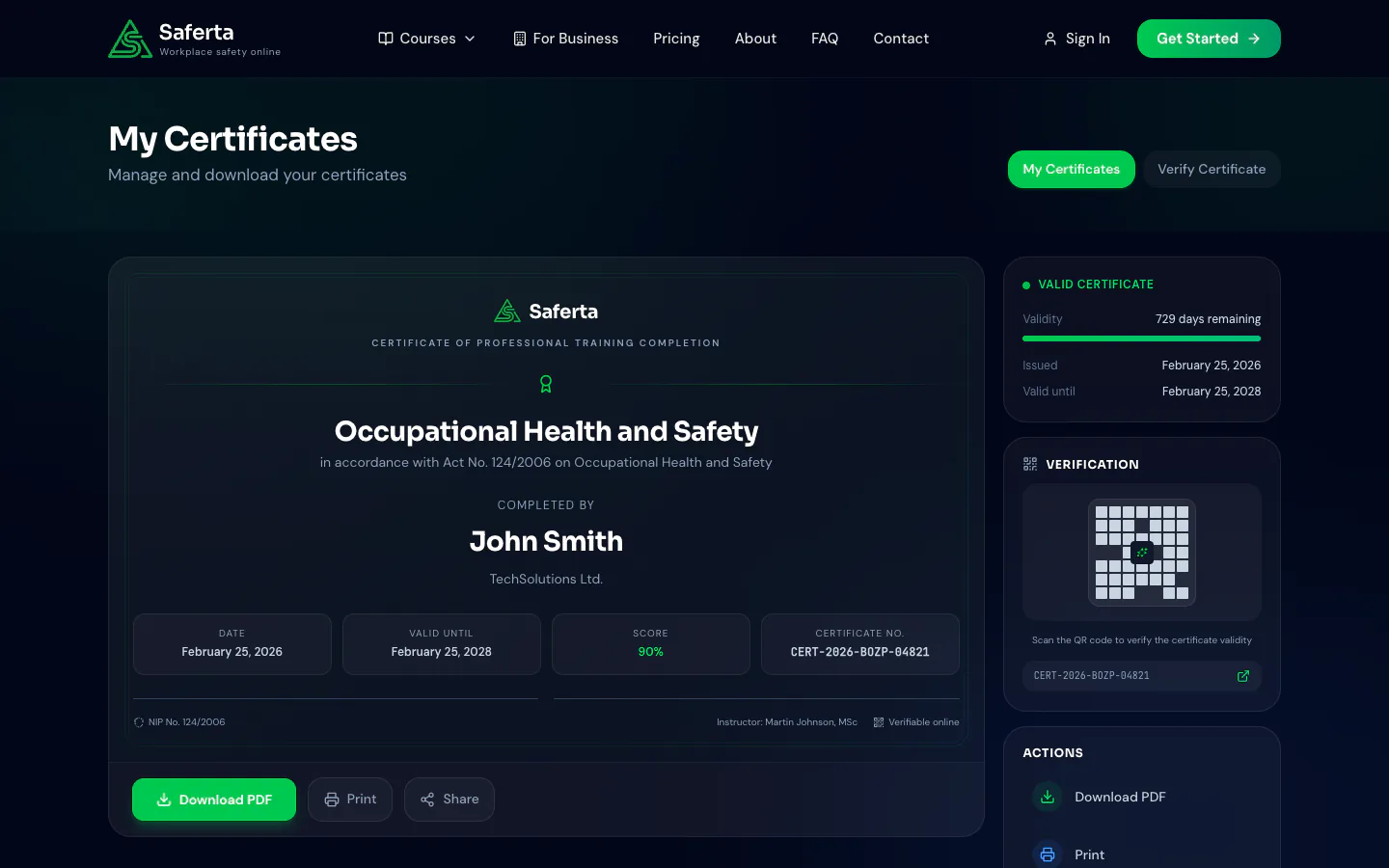 Saferta — Certificates