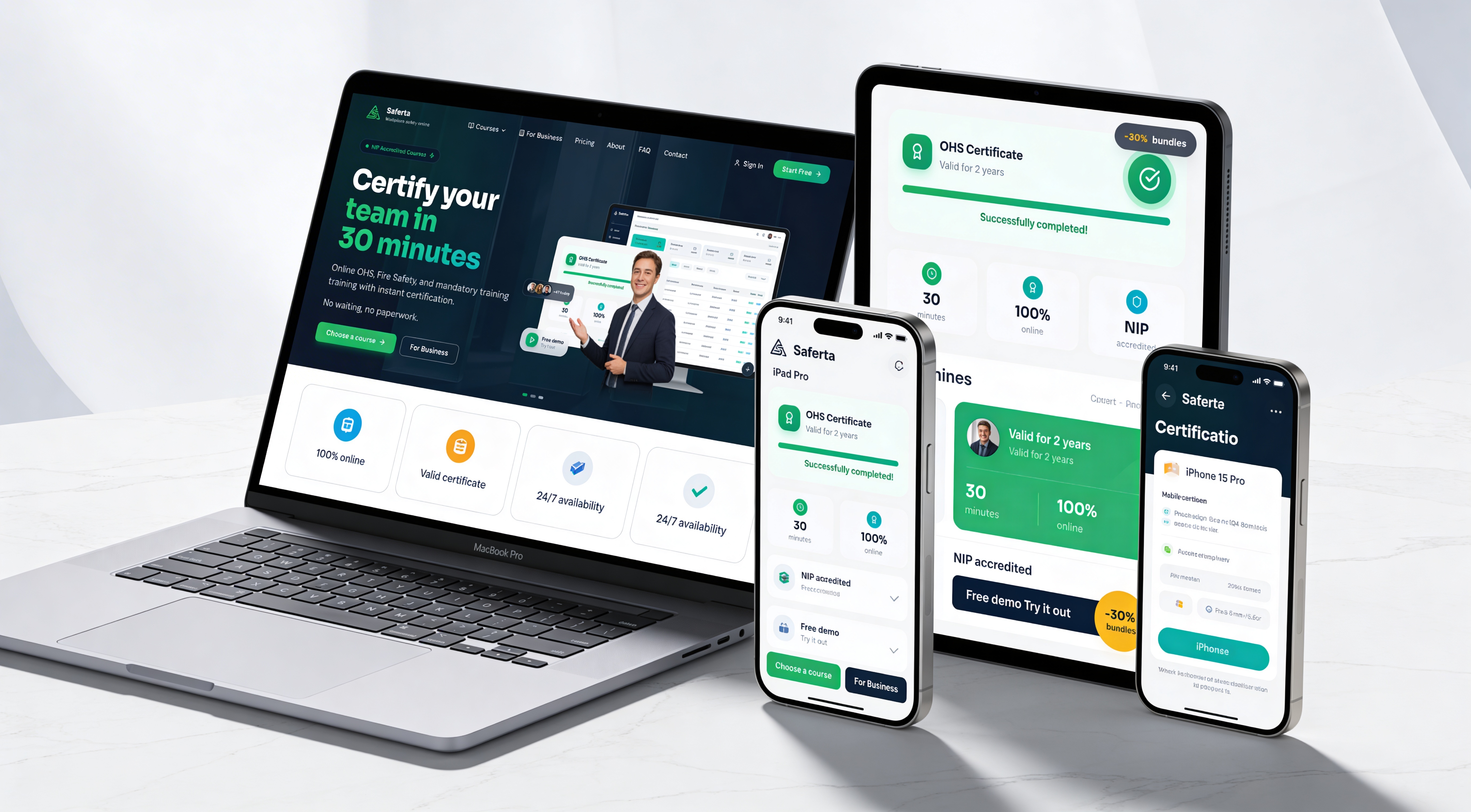 Saferta — laptop, tablet and mobile views