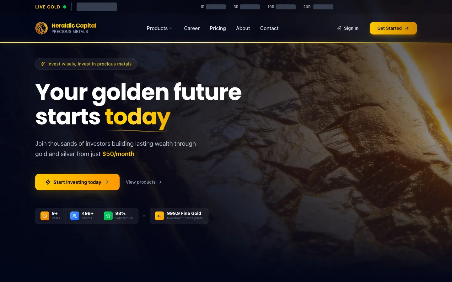 Heraldic homepage — hero with live gold pricing, investment products, and trust signals