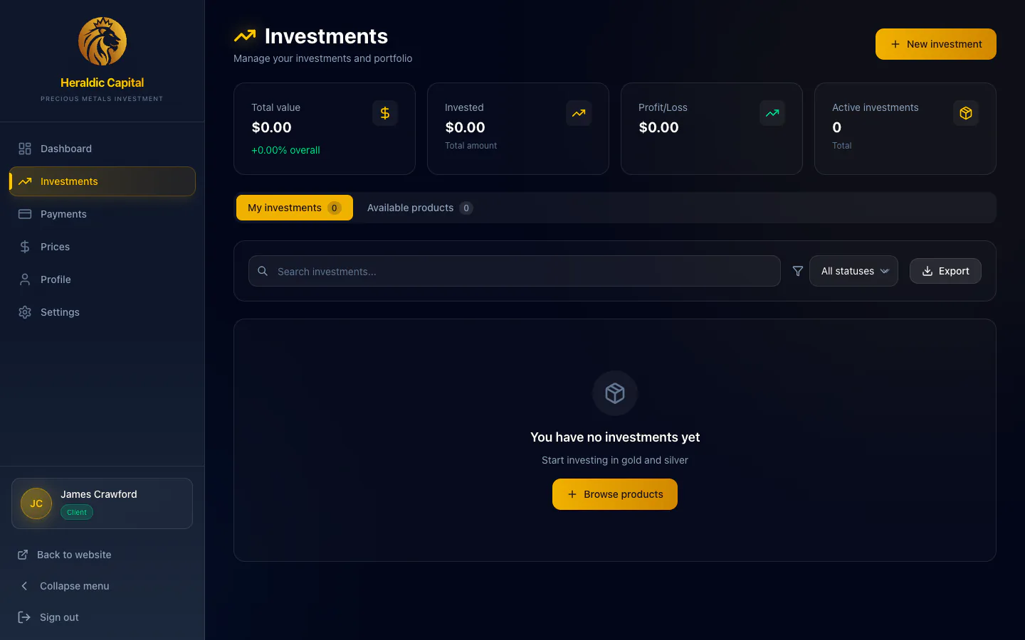 Investments — active positions, purchase history, performance tracking per asset