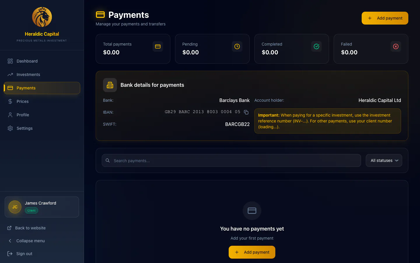 Payments — transaction history, deposits, withdrawals, invoices