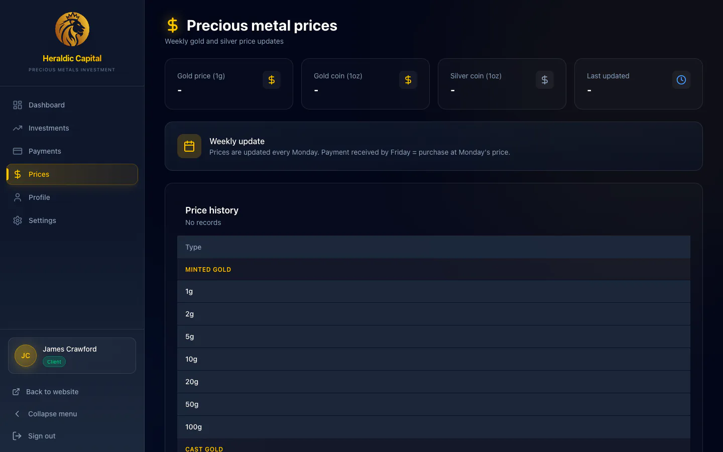 Live prices — real-time precious metals pricing, historical charts, price alerts