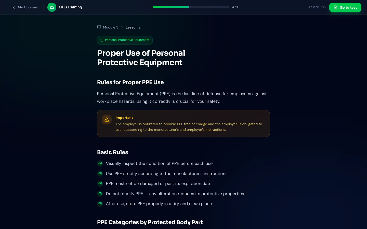 Lesson viewer — module navigation with progress bar