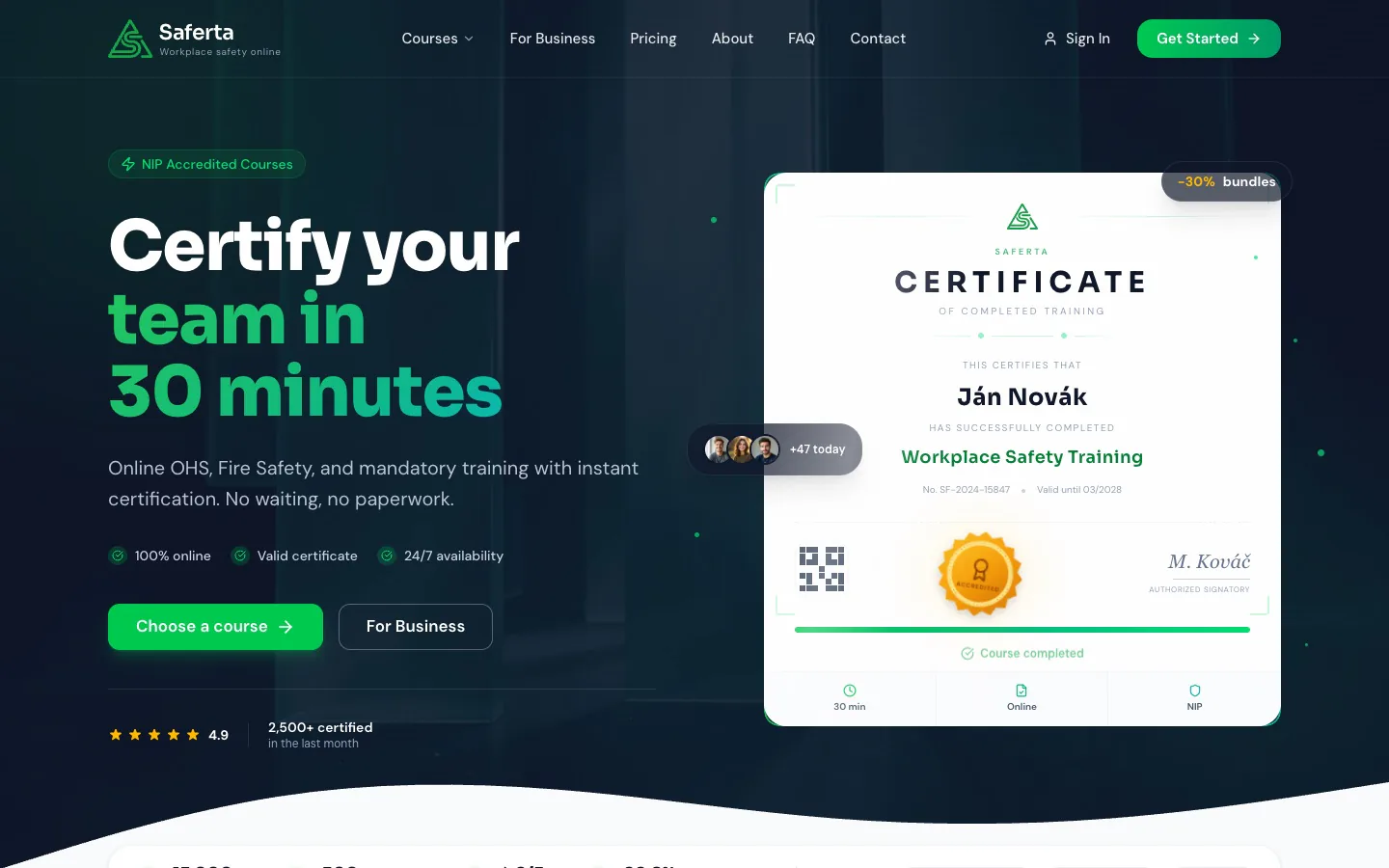 Saferta homepage — hero with social proof, course grid, and trust signals