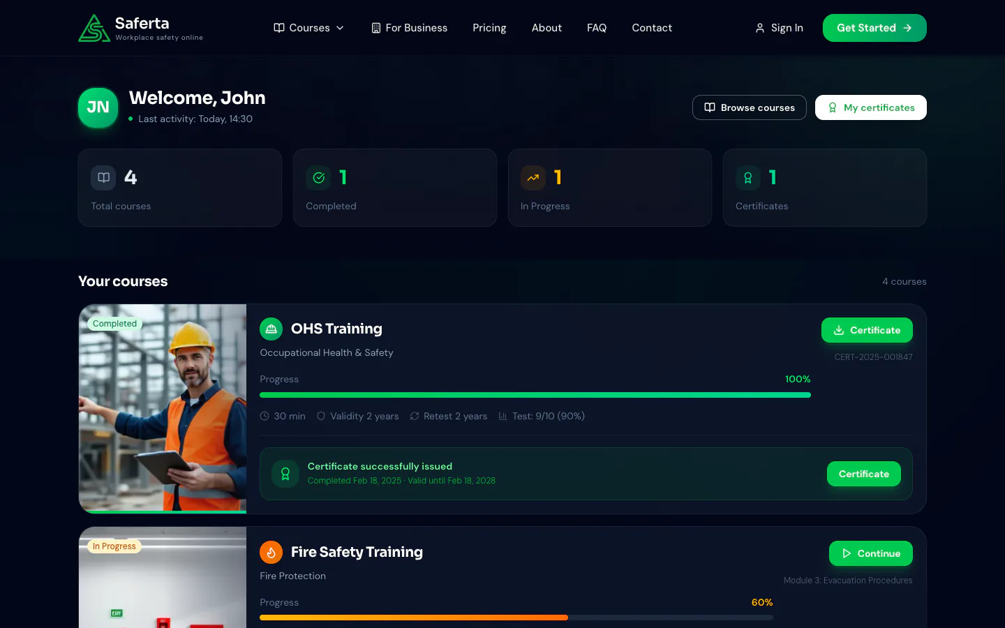 Student dashboard — enrolled courses with progress tracking