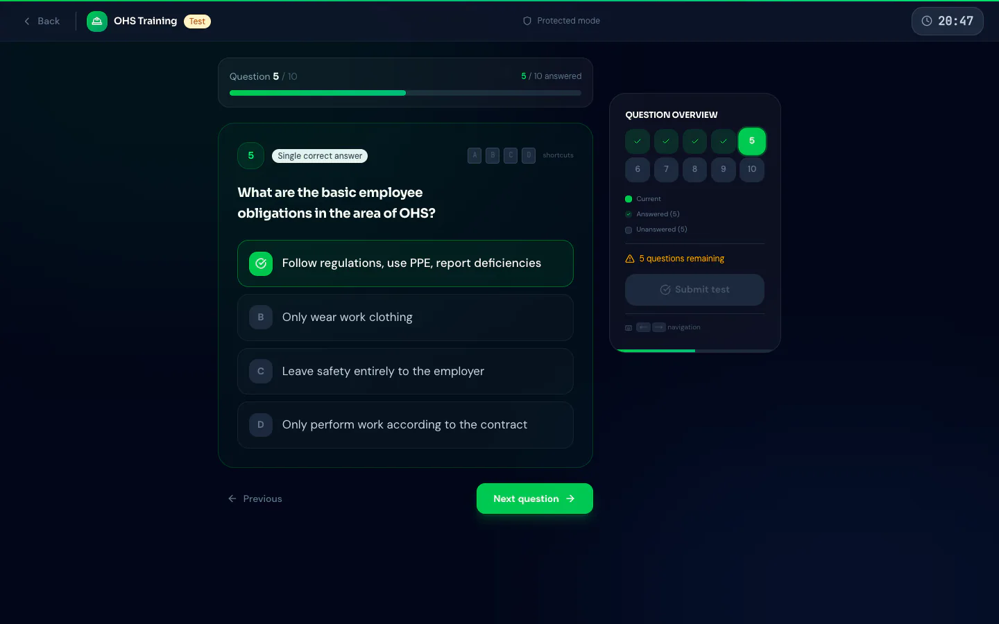 Examination — timed test with multiple-choice questions and live overview